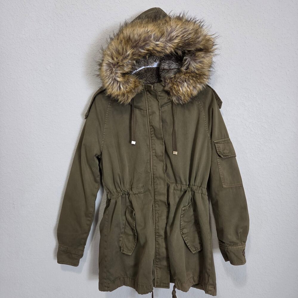 Forever 21 Womens Small Olive Green Parka Jacket Removable Faux Fur Liner Winter